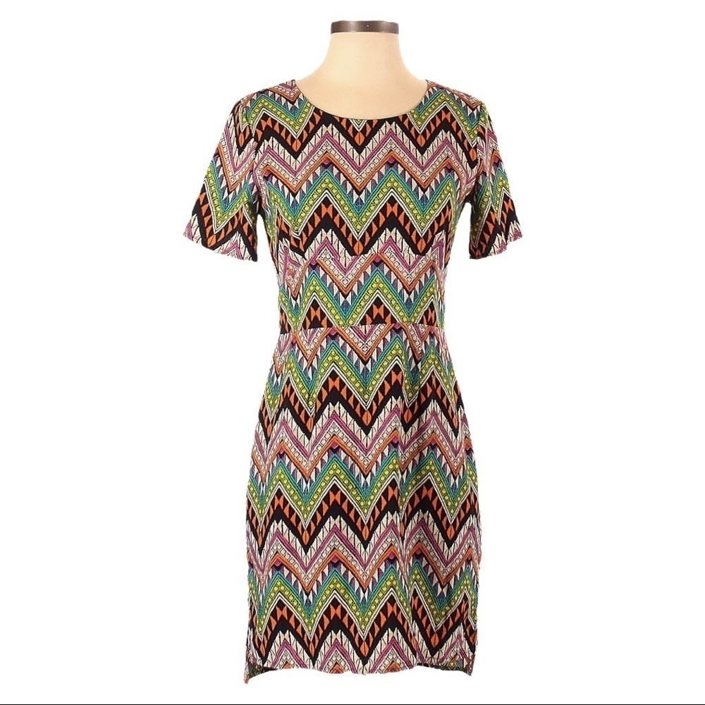 🌺 Aqua Geometric Chevron Print Bright Colorful Short Sleeve Mini Dress Size XS